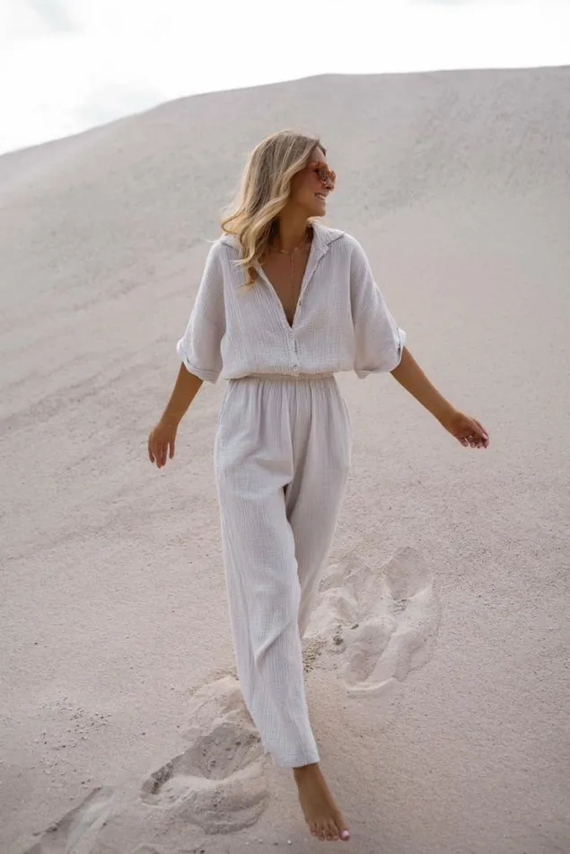 Easy Clothes Beige CottonGauze Toma Jumpsuit Women039s Clothing Jumpsuits and Rompers
