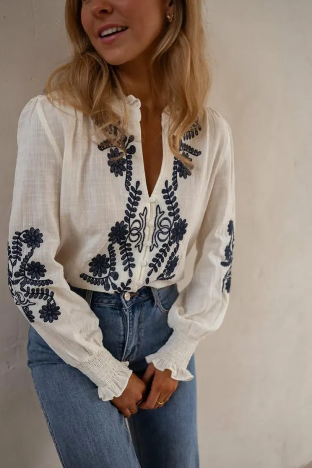 Easy Clothes Ecru And Blue Embroidered Salome Blouse Women039s Clothing Blouses