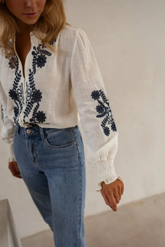Easy Clothes Ecru And Blue Embroidered Salome Blouse Women039s Clothing Blouses