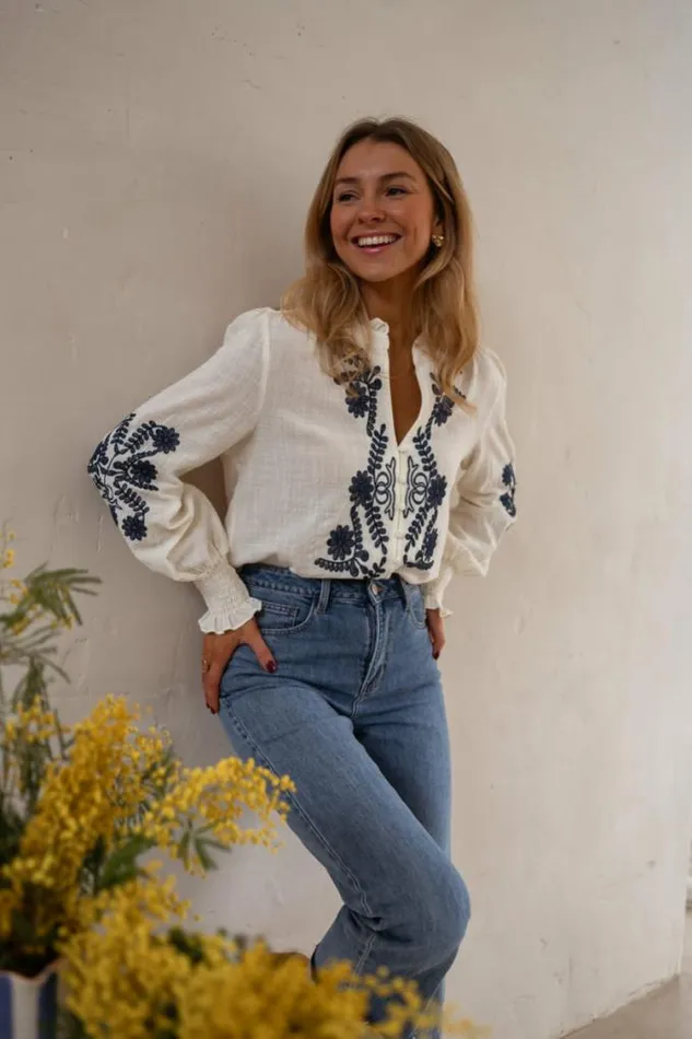 Easy Clothes Ecru And Blue Embroidered Salome Blouse Women039s Clothing Blouses