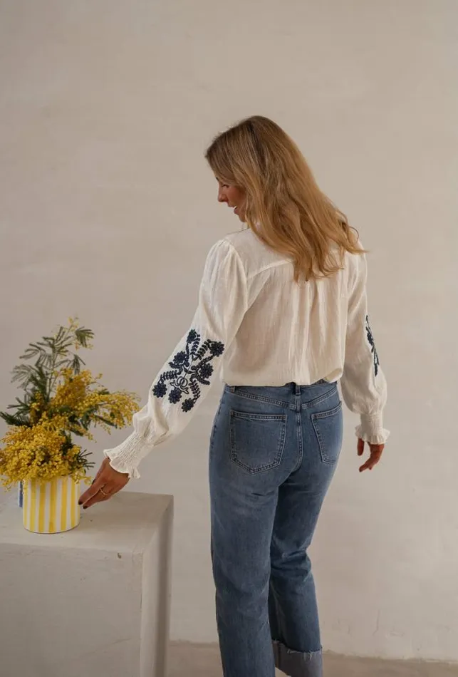Easy Clothes Ecru And Blue Embroidered Salome Blouse Women039s Clothing Blouses