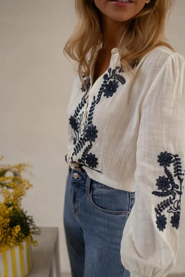 Easy Clothes Ecru And Blue Embroidered Salome Blouse Women039s Clothing Blouses
