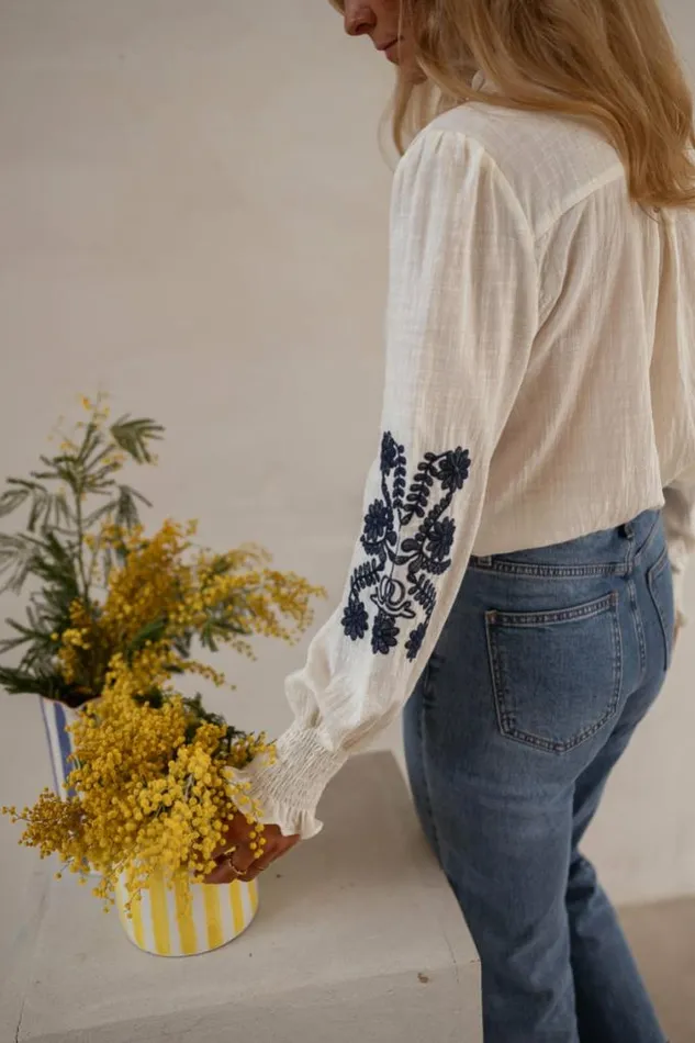 Easy Clothes Ecru And Blue Embroidered Salome Blouse Women039s Clothing Blouses