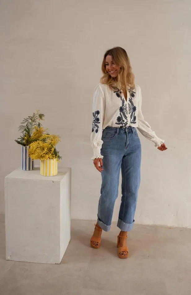 Easy Clothes Ecru And Blue Embroidered Salome Blouse Women039s Clothing Blouses