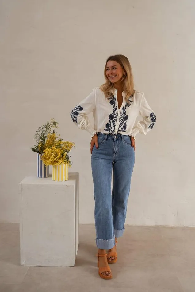 Easy Clothes Ecru And Blue Embroidered Salome Blouse Women039s Clothing Blouses
