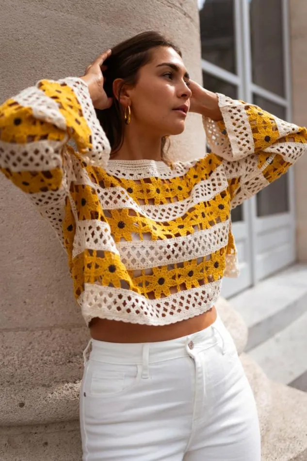 Easy Clothes Ecru And Yellow Crochet Taylor Blouse Women039s Clothing Blouses