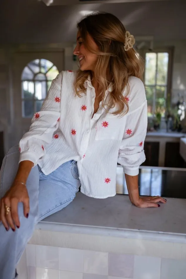 Easy Clothes Ecru Grace Shirt With Red And Pink Floral Pattern Women039s Clothing Shirts