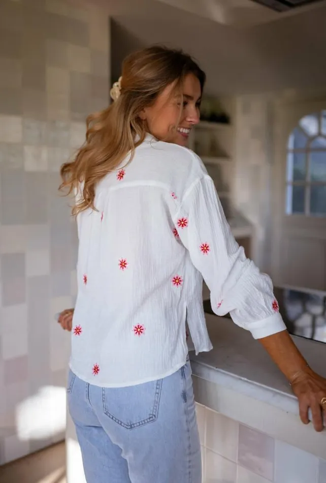 Easy Clothes Ecru Grace Shirt With Red And Pink Floral Pattern Women039s Clothing Shirts