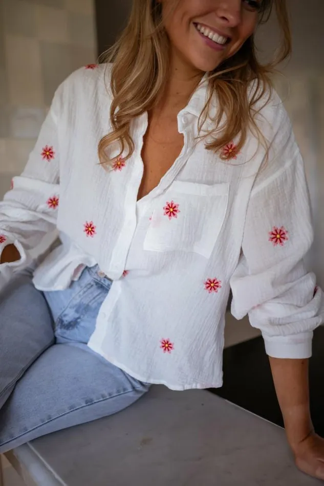 Easy Clothes Ecru Grace Shirt With Red And Pink Floral Pattern Women039s Clothing Shirts