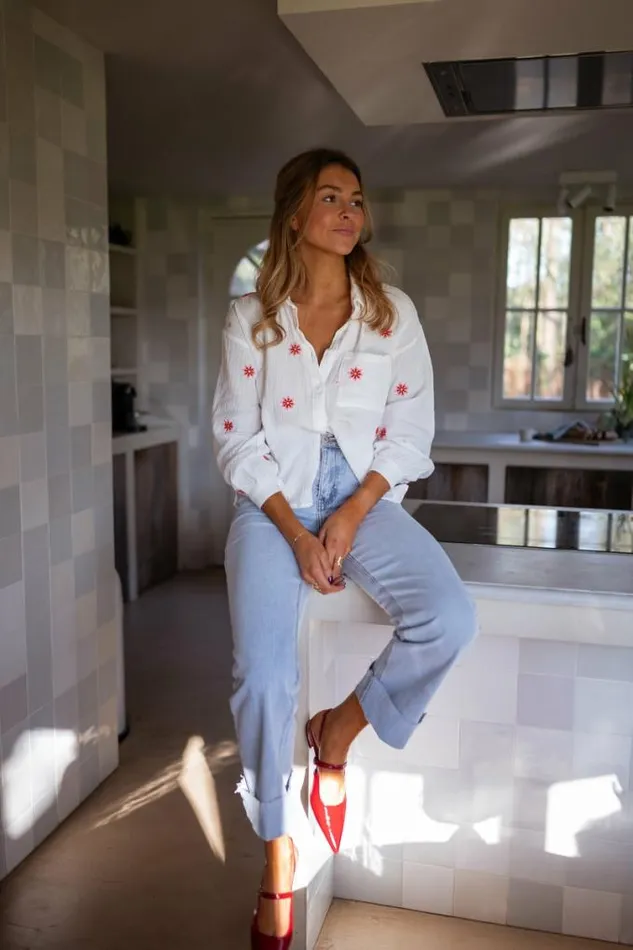 Easy Clothes Ecru Grace Shirt With Red And Pink Floral Pattern Women039s Clothing Shirts