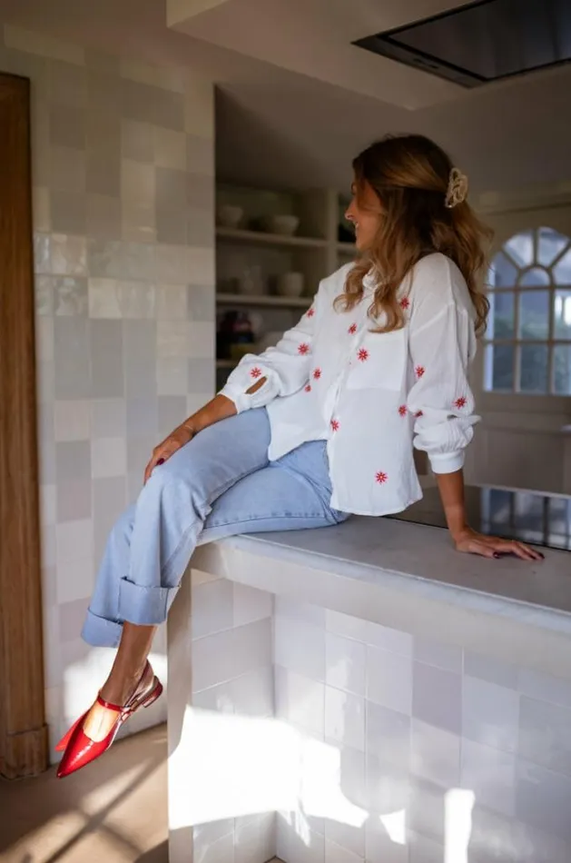 Easy Clothes Ecru Grace Shirt With Red And Pink Floral Pattern Women039s Clothing Shirts