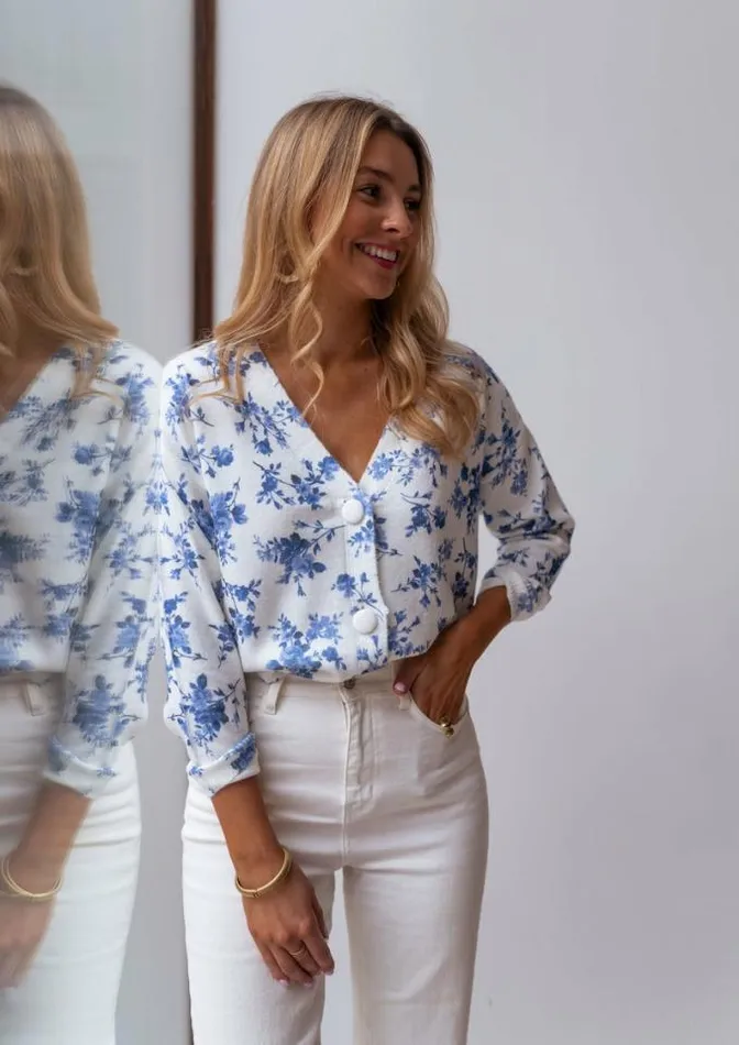 Easy Clothes Ecru June Cardigan With Blue Flowers Women039s Clothing Cardigans