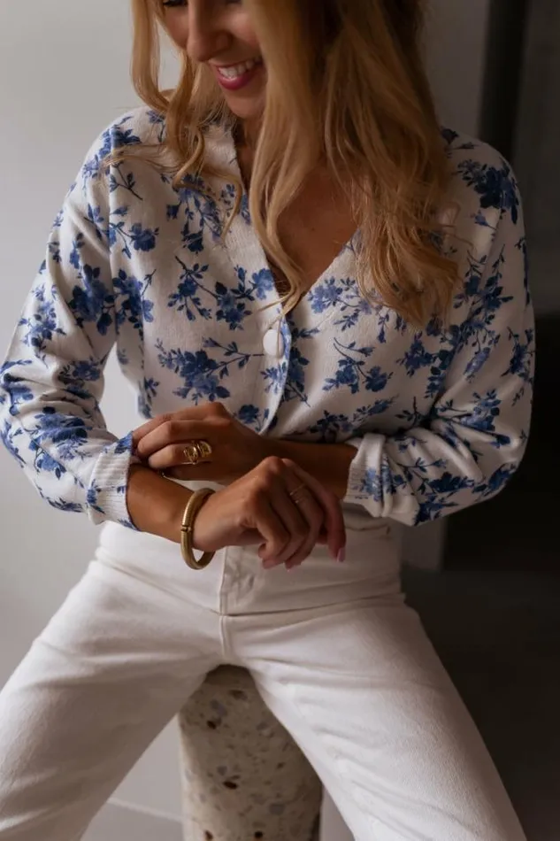 Easy Clothes Ecru June Cardigan With Blue Flowers Women039s Clothing Cardigans