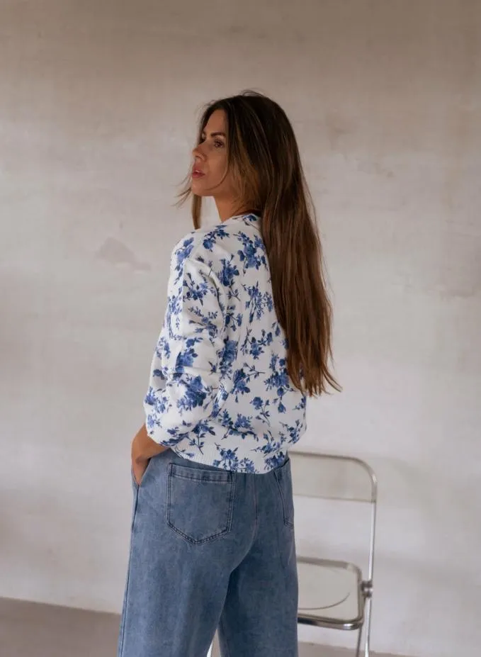 Easy Clothes Ecru June Cardigan With Blue Flowers Women039s Clothing Cardigans