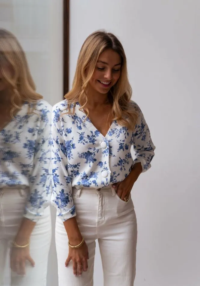 Easy Clothes Ecru June Cardigan With Blue Flowers Women039s Clothing Cardigans
