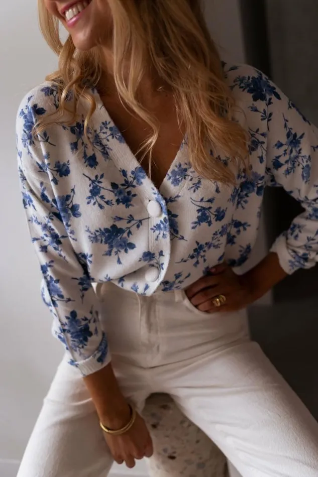 Easy Clothes Ecru June Cardigan With Blue Flowers Women039s Clothing Cardigans