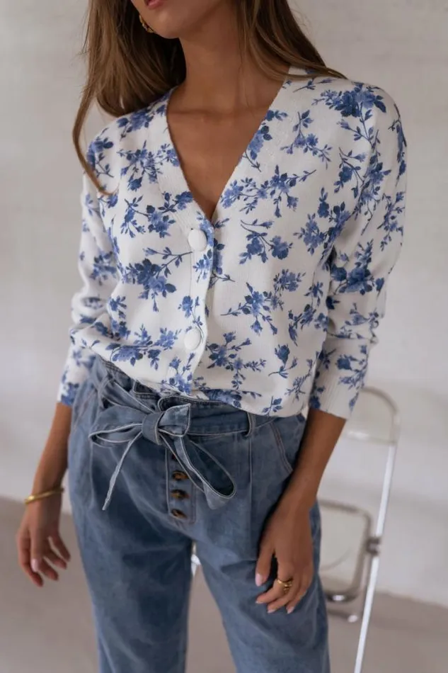 Easy Clothes Ecru June Cardigan With Blue Flowers Women039s Clothing Cardigans