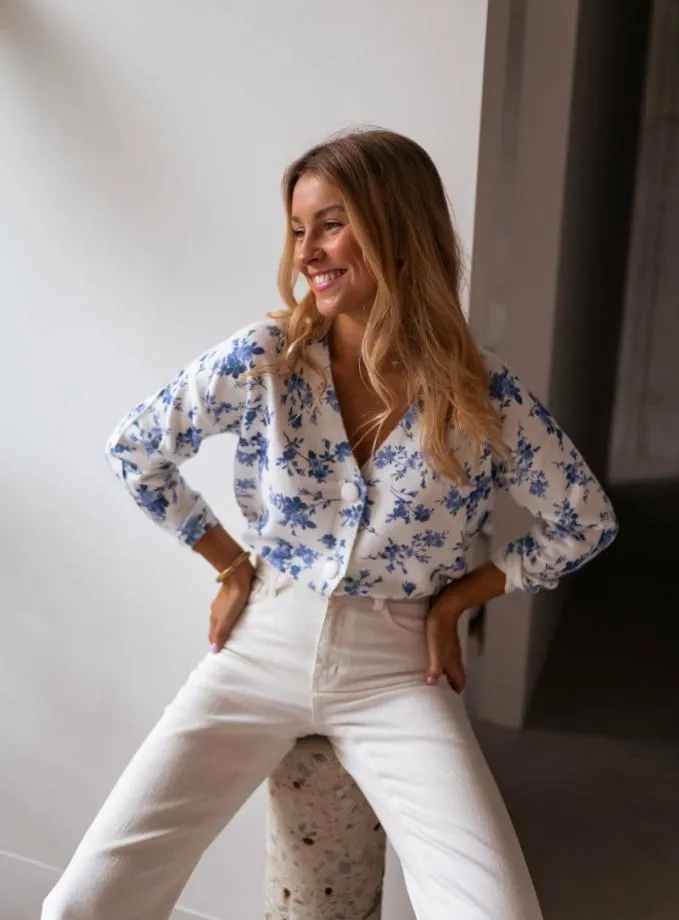Easy Clothes Ecru June Cardigan With Blue Flowers Women039s Clothing Cardigans