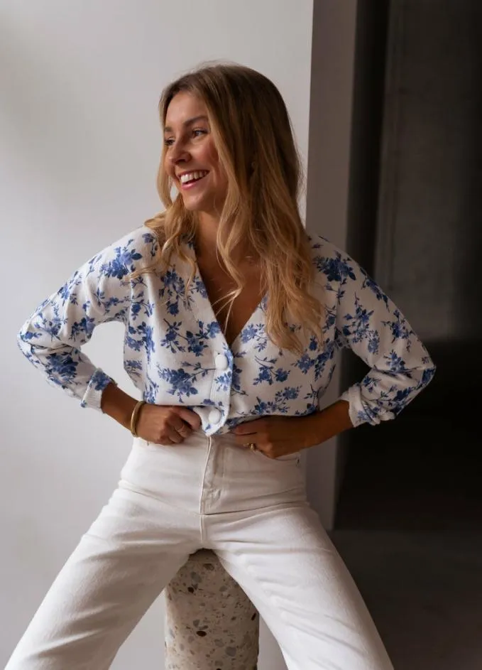 Easy Clothes Ecru June Cardigan With Blue Flowers Women039s Clothing Cardigans