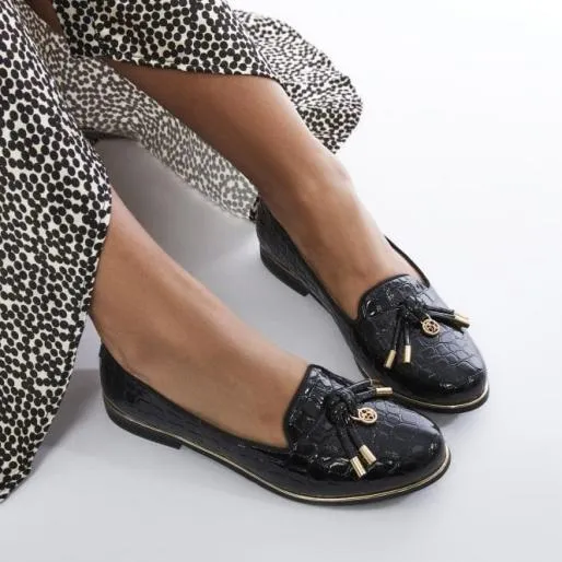 Ebrielle Black Patent Mocc Croc Women Moda In Pelle Casual Shoes And Trainers