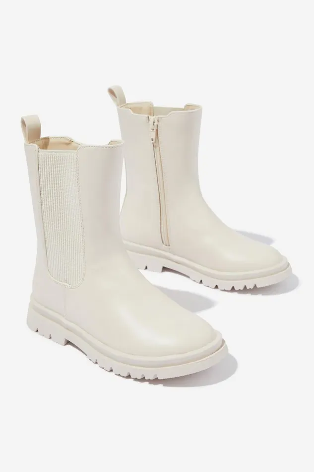 Girls 214Boys 214 Boots and Slippers Cotton On Combat Gusset Boot Ecru
