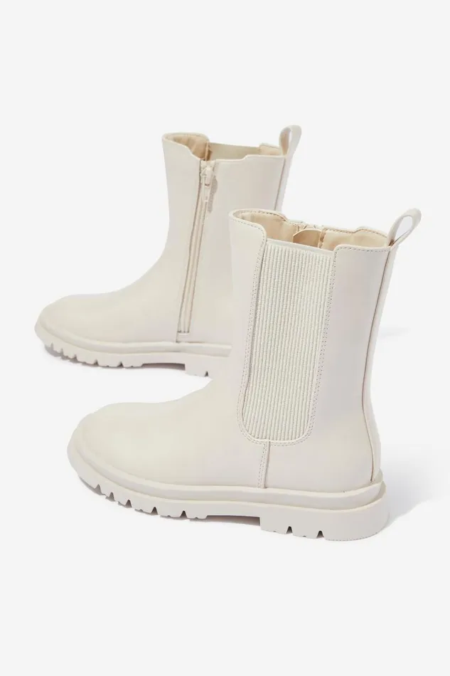 Girls 214Boys 214 Boots and Slippers Cotton On Combat Gusset Boot Ecru
