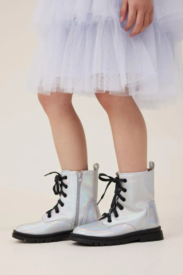 Girls 214Boys 214 Boots and Slippers Cotton On Combat Lug Boot Silver Iridescent