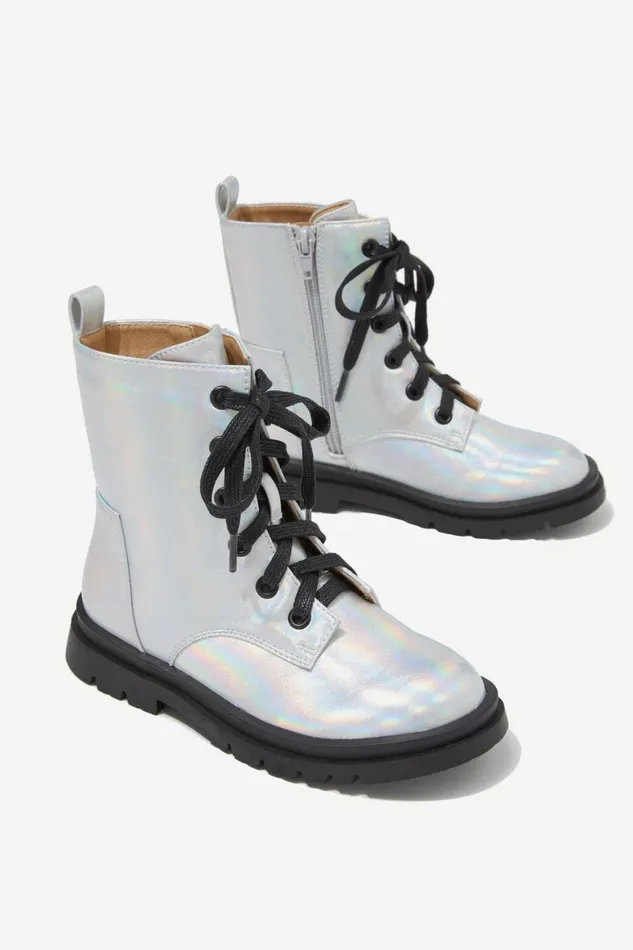 Girls 214Boys 214 Boots and Slippers Cotton On Combat Lug Boot Silver Iridescent