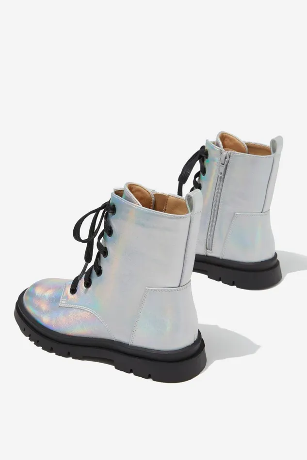 Girls 214Boys 214 Boots and Slippers Cotton On Combat Lug Boot Silver Iridescent