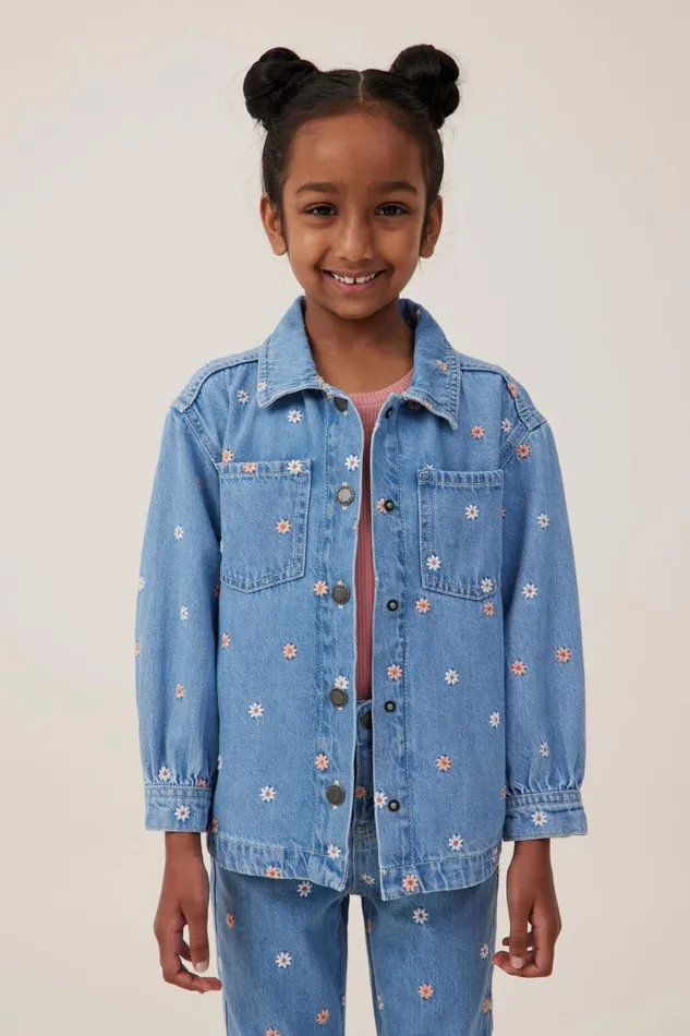 Girls 214 Jackets and Sweaters Cotton On Sophie Denim Shacket Faded Vintage Washfloral Embroidery Girls 214 Jackets and Sweaters Cotton On Sophie Denim Shacket Faded Vintage Washfloral Embroidery
