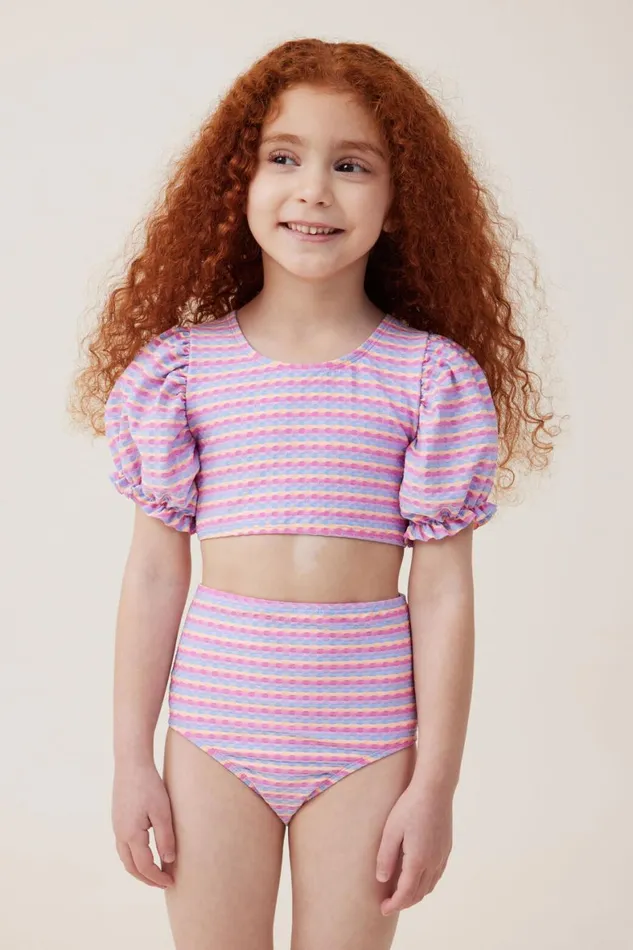 Girls 214 Swimwear Cotton On Paige Puff Sleeve Bikini Multi Stripe