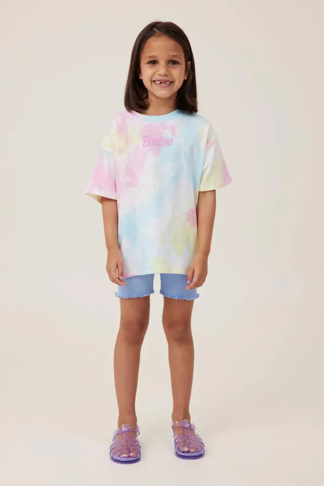 Girls 214 Tops and TShirts Cotton On Barbie Drop Shoulder Short Sleeve Tee Lcn Mat Barbie Logopastel Tie Dye