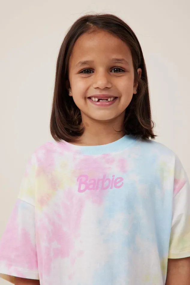 Girls 214 Tops and TShirts Cotton On Barbie Drop Shoulder Short Sleeve Tee Lcn Mat Barbie Logopastel Tie Dye