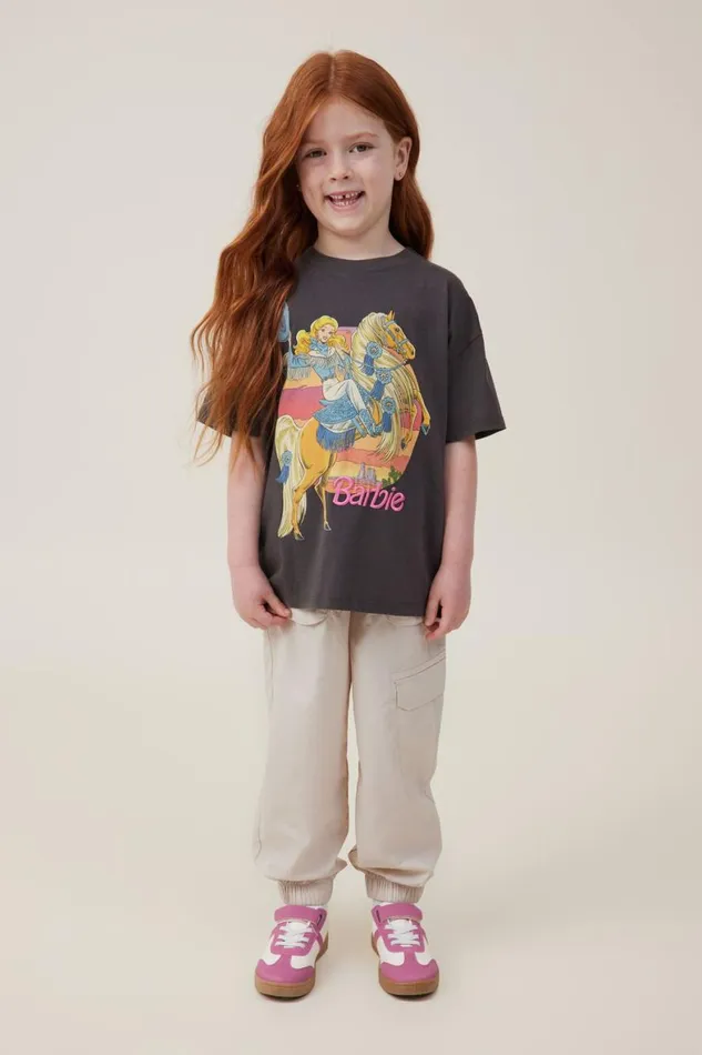 Girls 214 Tops and TShirts Cotton On License Drop Shoulder Short Sleeve Tee Lcn Mat Barbie Westernphantom Wash