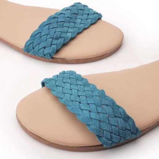 Harlee Blue Leather Women Moda In Pelle Flat Sandals Harlee Blue Leather Women Moda In Pelle Flat Sandals