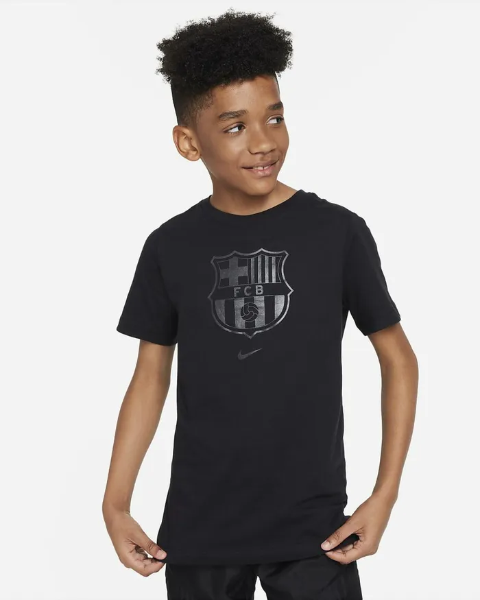Kids FC Barcelona Crest Black Nike Tops And TShirts