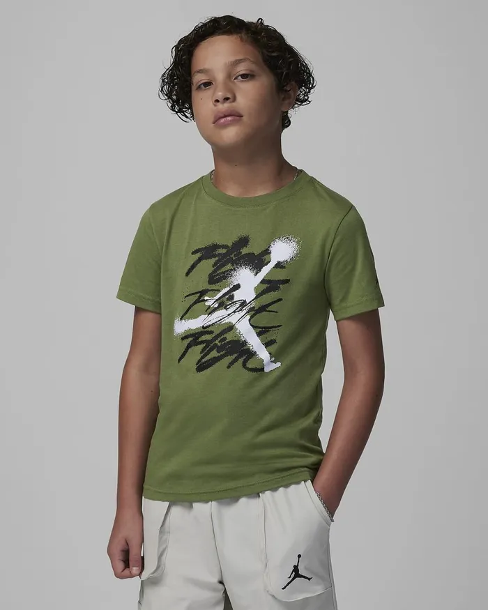Kids Jordan Jumpman Flight Sprayed Tee Sky J Light Olive Nike Tops And TShirts Kids Jordan Jumpman Flight Sprayed Tee Sky J Light Olive Nike Tops And TShirts