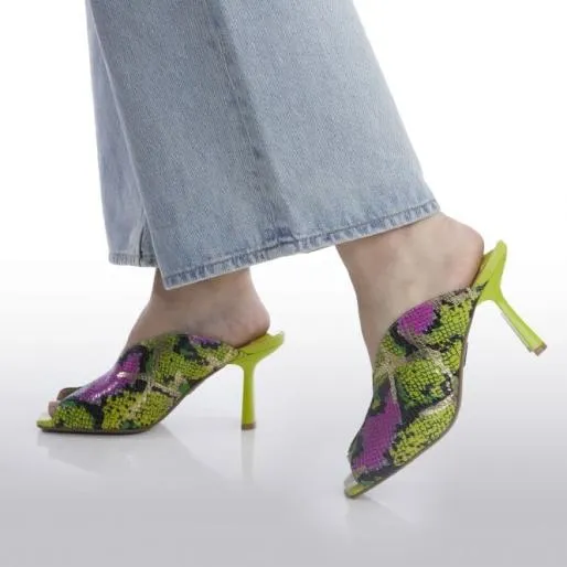 Laryssa Lime Green Snake Print Leather Women Moda In Pelle Heeled Sandals