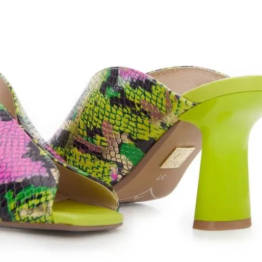 Laryssa Lime Green Snake Print Leather Women Moda In Pelle Heeled Sandals