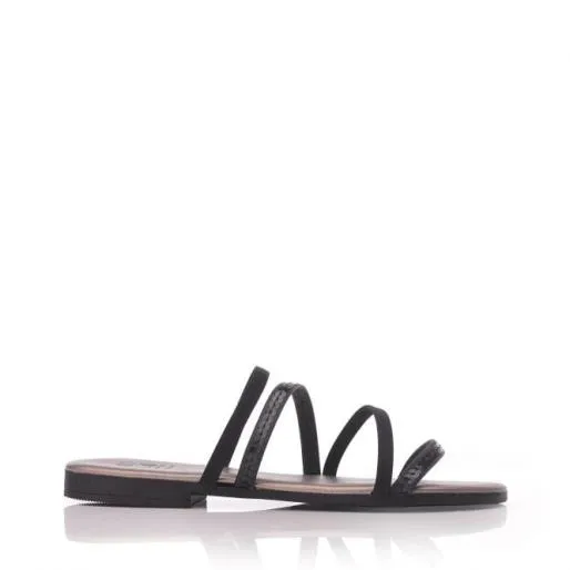 Lithers Jet Black Leather Women Moda In Pelle Flat Sandals