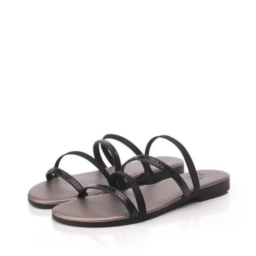 Lithers Jet Black Leather Women Moda In Pelle Flat Sandals