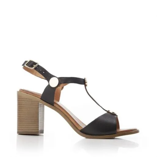 Lusia Black Leather Women Moda In Pelle Heeled Sandals