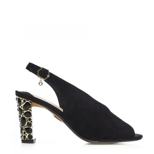 Meloni Jet Black Suede Women Moda In Pelle Heeled Sandals