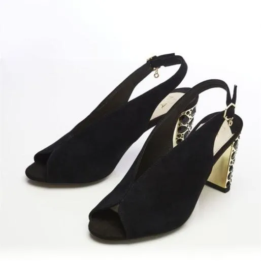 Meloni Jet Black Suede Women Moda In Pelle Heeled Sandals