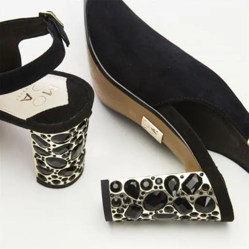 Meloni Jet Black Suede Women Moda In Pelle Heeled Sandals