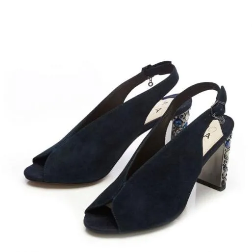 Meloni Navy Suede Women Moda In Pelle Heeled Sandals
