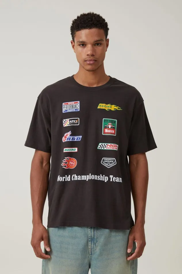 Men Graphic TShirts Cotton On Pit Stop Loose Fit TShirt Washed Black World Championship Logo Men Graphic TShirts Cotton On Pit Stop Loose Fit TShirt Washed Black World Championship Logo