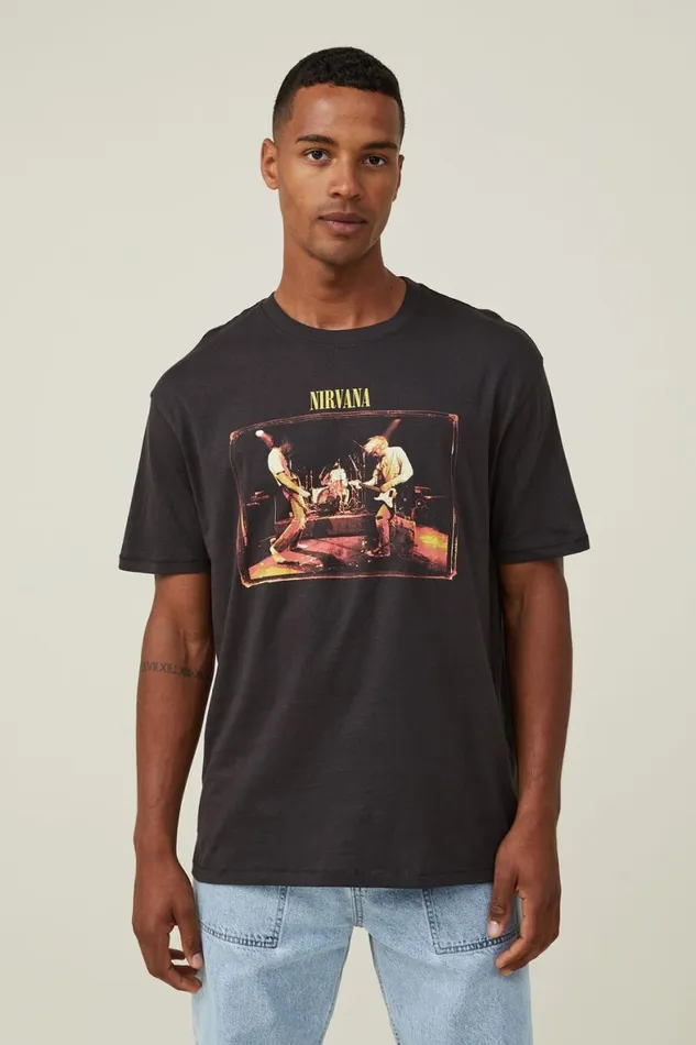 Men Graphic TShirts Cotton On Premium Loose Fit Music TShirt Lcn Mt Washed Blacknirvanamuddy Banks
