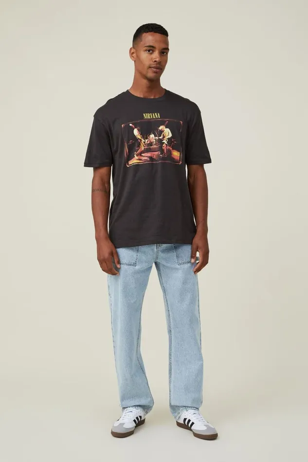 Men Graphic TShirts Cotton On Premium Loose Fit Music TShirt Lcn Mt Washed Blacknirvanamuddy Banks