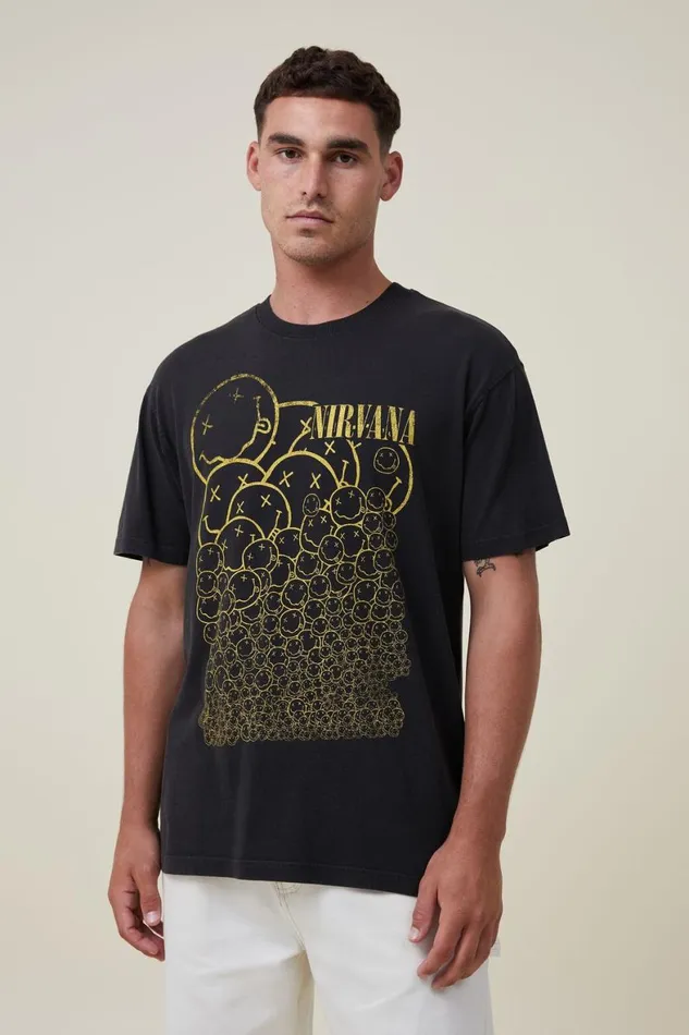 Men Graphic TShirts Cotton On Premium Loose Fit Music TShirt Lcn Mt Washed Blacknirvanasmiley Repeat Men Graphic TShirts Cotton On Premium Loose Fit Music TShirt Lcn Mt Washed Blacknirvanasmiley Repeat
